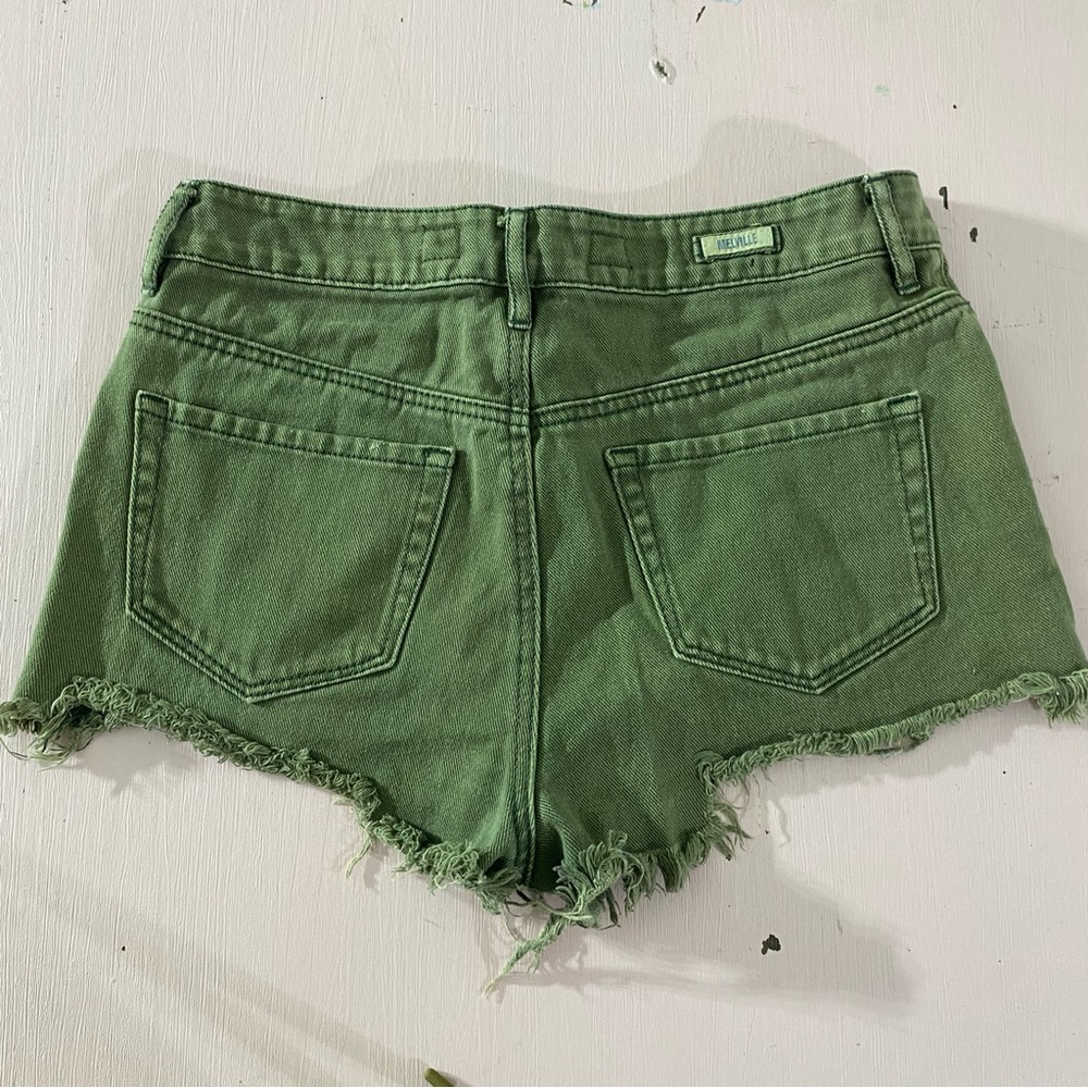 BRANDY MELVILLE Techpack Green Denim Jean Shorts 28 Waist Distressed Cutoff Mini